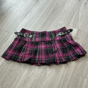 Dolls Kill Widow Pink and Black Plaid Pleated Skirt